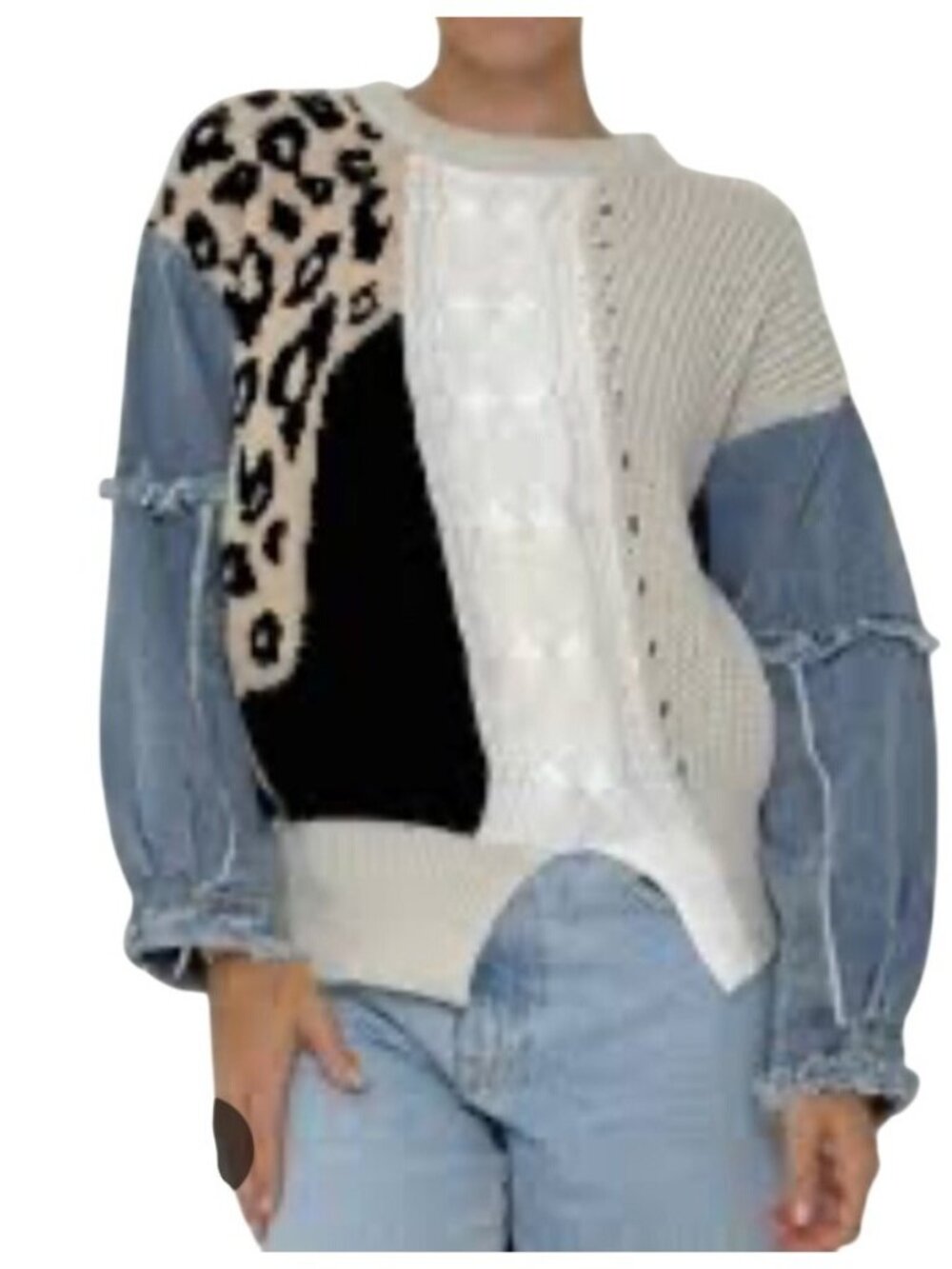 BiBi Sweater Womens Medium Leopard Colorblock Denim Sleeve Knit Pullover Balloon